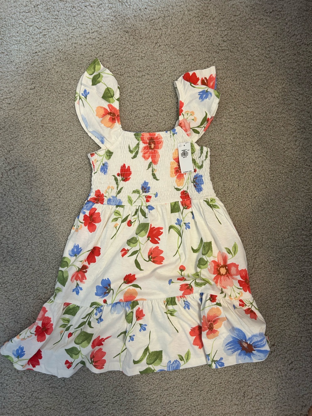 Old Navy White Floral Smocked Dress with Coral & Blue Accents